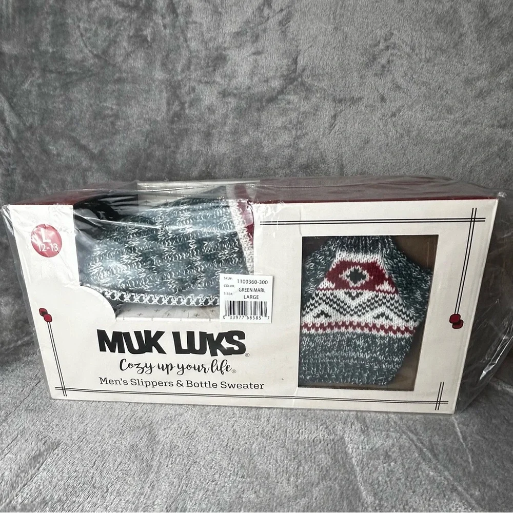 Muk Luks Slippers Mens Large 12-13 With Matching Bottle Sweater Gift For Man New